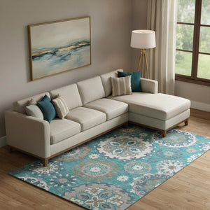 HomeRoots 9' X 12' Stylish Teal Ivory Gray Medallion Area Rug - Washable, UV Protected, Stain Resistant & Durable 664079