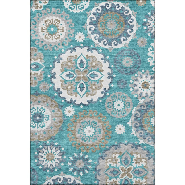 HomeRoots 9' X 12' Stylish Teal Ivory Gray Medallion Area Rug - Washable, UV Protected, Stain Resistant & Durable 664079