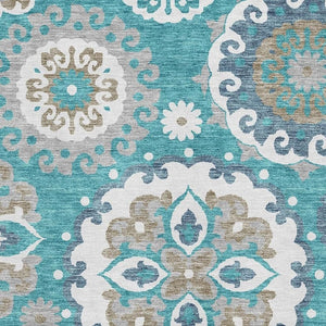 HomeRoots 9' X 12' Stylish Teal Ivory Gray Medallion Area Rug - Washable, UV Protected, Stain Resistant & Durable 664079
