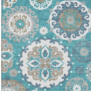HomeRoots 9' X 12' Stylish Teal Ivory Gray Medallion Area Rug - Washable, UV Protected, Stain Resistant & Durable 664079