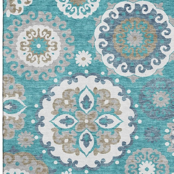 HomeRoots 9' X 12' Stylish Teal Ivory Gray Medallion Area Rug - Washable, UV Protected, Stain Resistant & Durable 664079