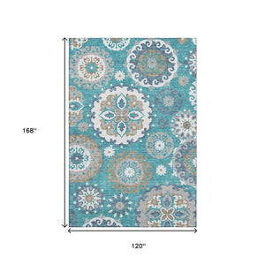 HomeRoots 10' Teal Ivory Gray Medallion Area Rug - Washable, UV Protected, Stain Resistant for Busy Homes 664080