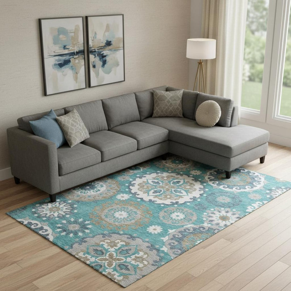 HomeRoots 10' Teal Ivory Gray Medallion Area Rug - Washable, UV Protected, Stain Resistant for Busy Homes 664080
