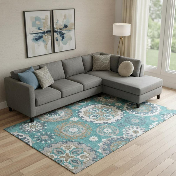 HomeRoots 10' Teal Ivory Gray Medallion Area Rug - Washable, UV Protected, Stain Resistant for Busy Homes 664080