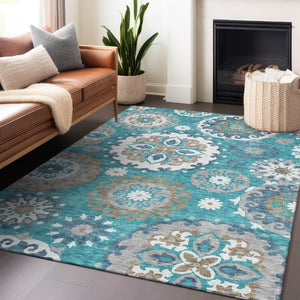 HomeRoots 10' Teal Ivory Gray Medallion Area Rug - Washable, UV Protected, Stain Resistant for Busy Homes 664080