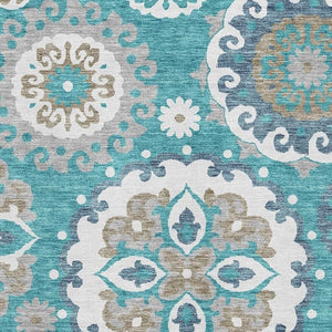 HomeRoots 10' Teal Ivory Gray Medallion Area Rug - Washable, UV Protected, Stain Resistant for Busy Homes 664080