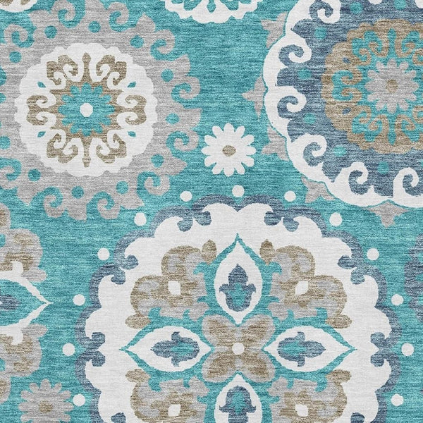 HomeRoots 10' Teal Ivory Gray Medallion Area Rug - Washable, UV Protected, Stain Resistant for Busy Homes 664080