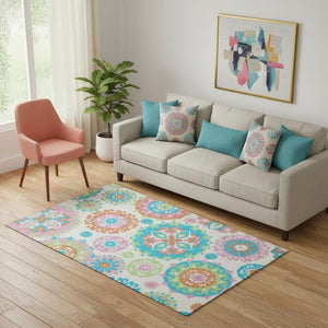 HomeRoots 5' X 8' Vibrant Medallion Washable Area Rug - Stylish White, Orange & Teal with UV Protection! 664082