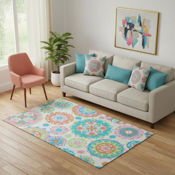 HomeRoots 5' X 8' Vibrant Medallion Washable Area Rug - Stylish White, Orange & Teal with UV Protection! 664082