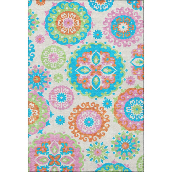 HomeRoots 5' X 8' Vibrant Medallion Washable Area Rug - Stylish White, Orange & Teal with UV Protection! 664082
