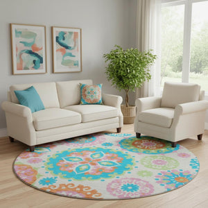 HomeRoots 8' Washable Round Medallion Rug in Vibrant White, Orange & Teal – Stain-Resistant, UV Protected! 664083