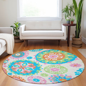 HomeRoots 8' Washable Round Medallion Rug in Vibrant White, Orange & Teal – Stain-Resistant, UV Protected! 664083