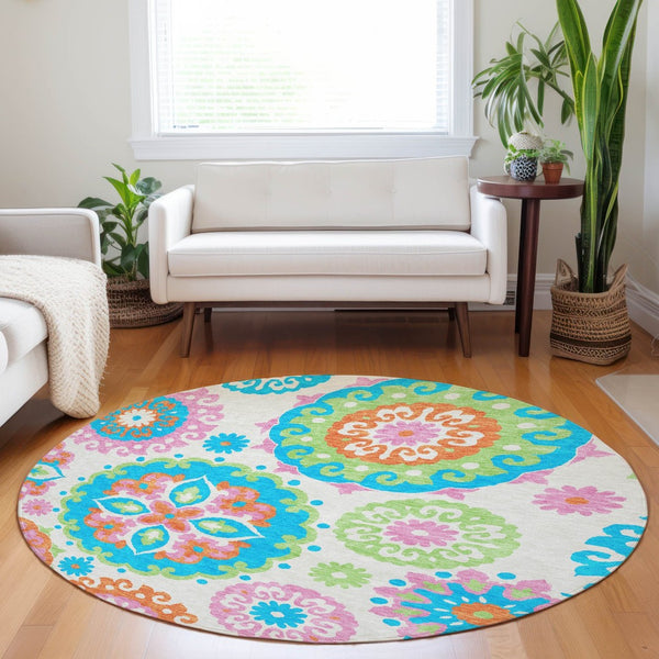 HomeRoots 8' Washable Round Medallion Rug in Vibrant White, Orange & Teal – Stain-Resistant, UV Protected! 664083