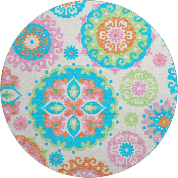 HomeRoots 8' Washable Round Medallion Rug in Vibrant White, Orange & Teal – Stain-Resistant, UV Protected! 664083