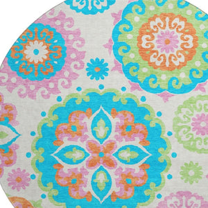 HomeRoots 8' Washable Round Medallion Rug in Vibrant White, Orange & Teal – Stain-Resistant, UV Protected! 664083
