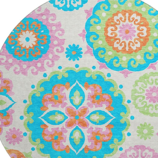 HomeRoots 8' Washable Round Medallion Rug in Vibrant White, Orange & Teal – Stain-Resistant, UV Protected! 664083