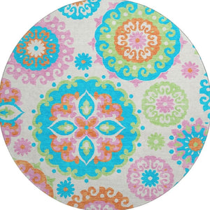 HomeRoots 8' Washable Round Medallion Rug in Vibrant White, Orange & Teal – Stain-Resistant, UV Protected! 664083