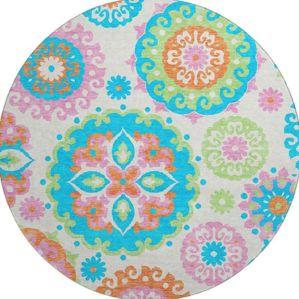 HomeRoots 8' Washable Round Medallion Rug in Vibrant White, Orange & Teal – Stain-Resistant, UV Protected! 664083