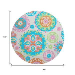 HomeRoots 8' Washable Round Medallion Rug in Vibrant White, Orange & Teal – Stain-Resistant, UV Protected! 664083