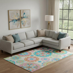 HomeRoots 8' X 10' Washable Medallion Area Rug in White, Orange & Teal - UV Protected for Family Spaces! 664084