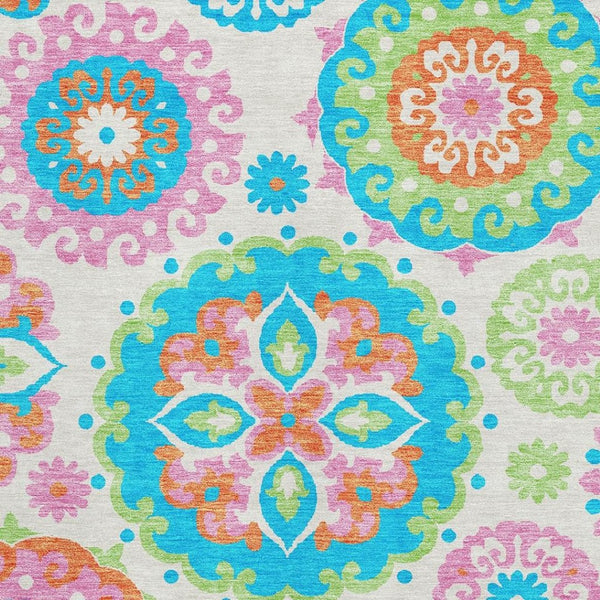 HomeRoots 8' X 10' Washable Medallion Area Rug in White, Orange & Teal - UV Protected for Family Spaces! 664084