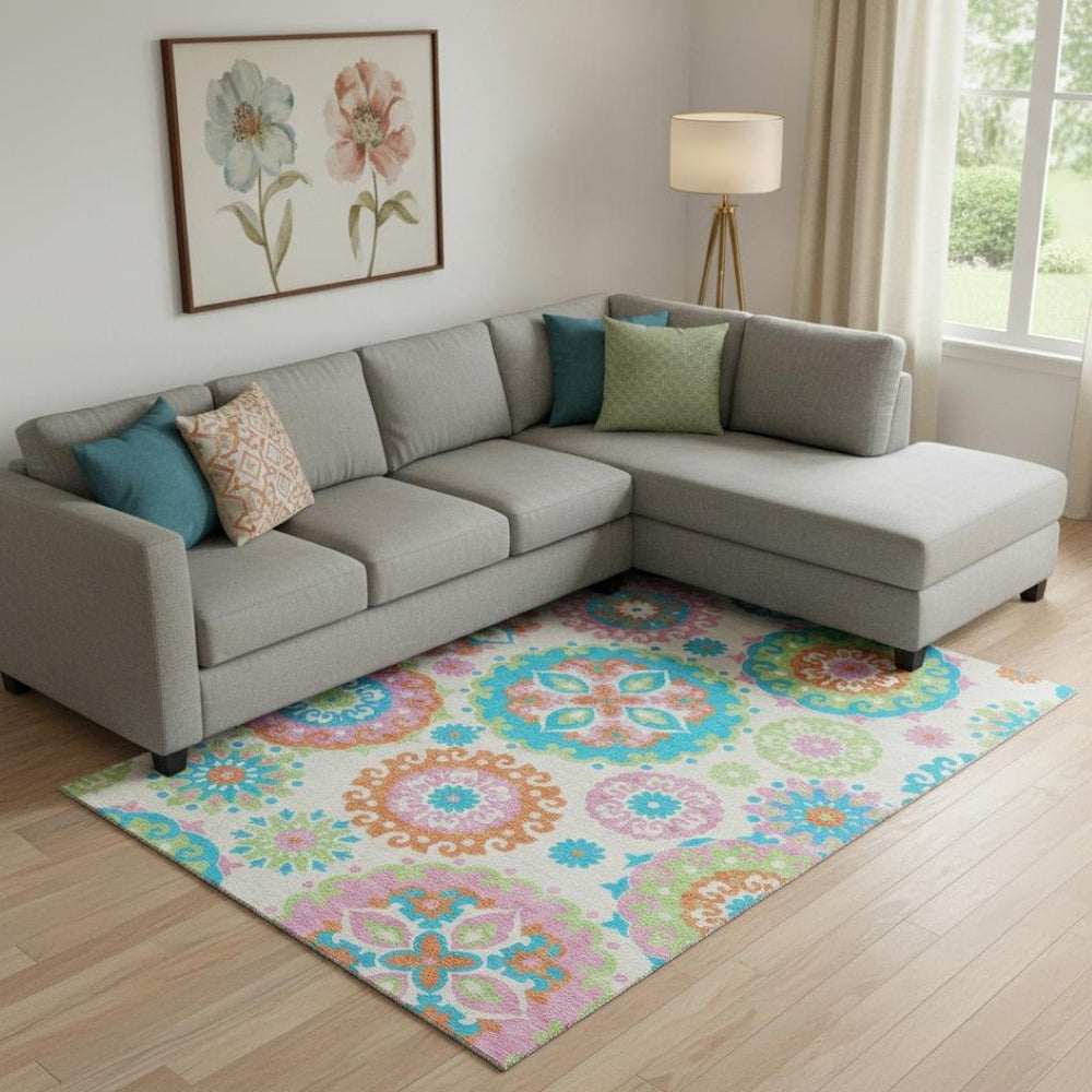 HomeRoots 9' X 12' Washable Area Rug in White, Orange & Teal Medallion - UV Protected, Stain Resistant Design 664085