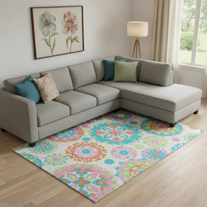 HomeRoots 9' X 12' Washable Area Rug in White, Orange & Teal Medallion - UV Protected, Stain Resistant Design 664085