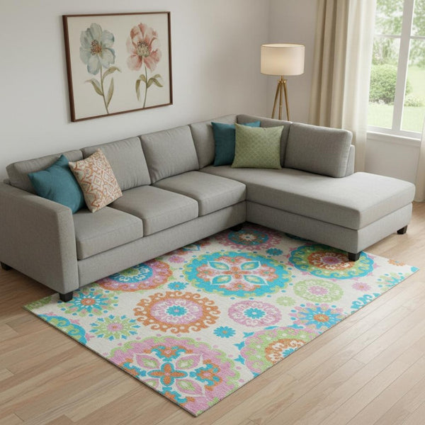 HomeRoots 9' X 12' Washable Area Rug in White, Orange & Teal Medallion - UV Protected, Stain Resistant Design 664085