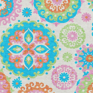 HomeRoots 9' X 12' Washable Area Rug in White, Orange & Teal Medallion - UV Protected, Stain Resistant Design 664085