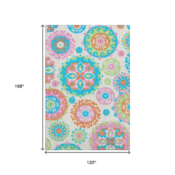 HomeRoots 10' Vibrant Medallion Washable Area Rug - Orange & Teal Design, UV Protection for High-Traffic Spaces 664086