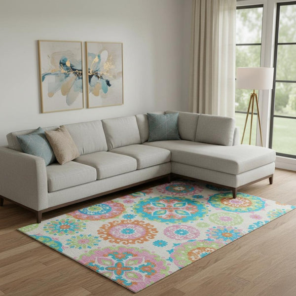 HomeRoots 10' Vibrant Medallion Washable Area Rug - Orange & Teal Design, UV Protection for High-Traffic Spaces 664086