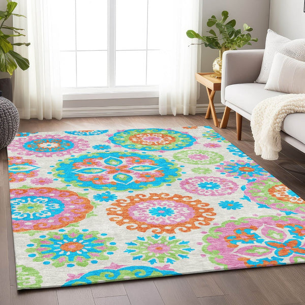 HomeRoots 10' Vibrant Medallion Washable Area Rug - Orange & Teal Design, UV Protection for High-Traffic Spaces 664086