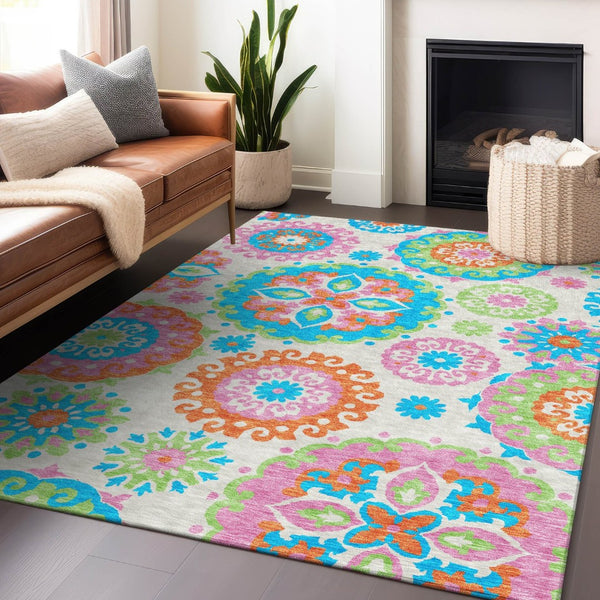 HomeRoots 10' Vibrant Medallion Washable Area Rug - Orange & Teal Design, UV Protection for High-Traffic Spaces 664086