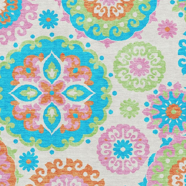 HomeRoots 10' Vibrant Medallion Washable Area Rug - Orange & Teal Design, UV Protection for High-Traffic Spaces 664086