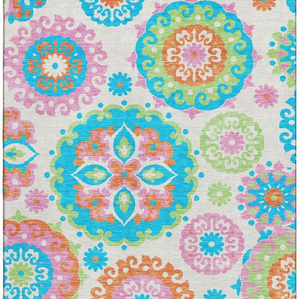 HomeRoots 10' Vibrant Medallion Washable Area Rug - Orange & Teal Design, UV Protection for High-Traffic Spaces 664086