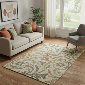 HomeRoots 5' X 8' Washable Floral Area Rug with UV Protection – Elegant Beige, Gold & Brown for Home Durability 664088