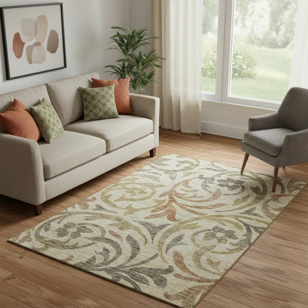 HomeRoots 5' X 8' Washable Floral Area Rug with UV Protection – Elegant Beige, Gold & Brown for Home Durability 664088