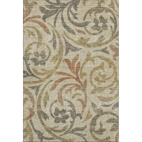 HomeRoots 5' X 8' Washable Floral Area Rug with UV Protection – Elegant Beige, Gold & Brown for Home Durability 664088