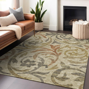 HomeRoots 5' X 8' Washable Floral Area Rug with UV Protection – Elegant Beige, Gold & Brown for Home Durability 664088