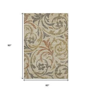 HomeRoots 5' X 8' Washable Floral Area Rug with UV Protection – Elegant Beige, Gold & Brown for Home Durability 664088