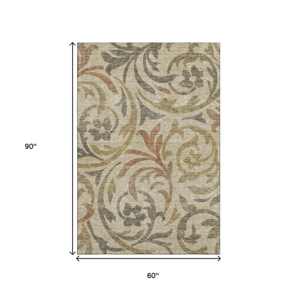 HomeRoots 5' X 8' Washable Floral Area Rug with UV Protection – Elegant Beige, Gold & Brown for Home Durability 664088