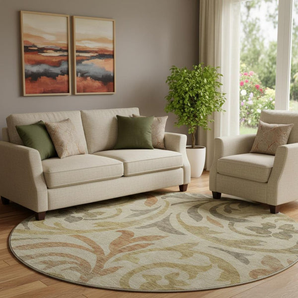 HomeRoots 8' Beige Gold and Brown Floral Round Rug - Washable, UV Protected, Durable Design for Any Space! 664089