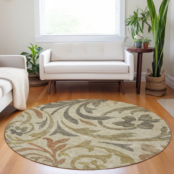 HomeRoots 8' Beige Gold and Brown Floral Round Rug - Washable, UV Protected, Durable Design for Any Space! 664089
