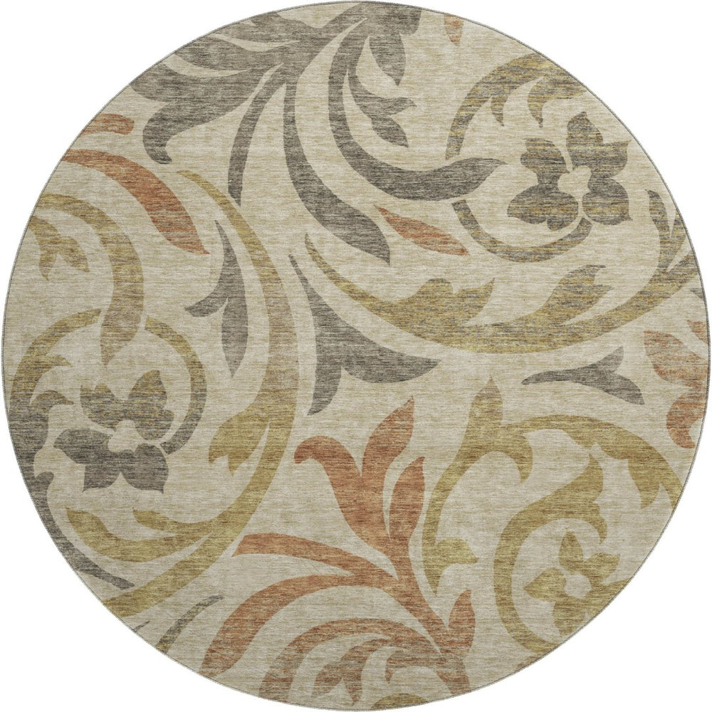 HomeRoots 8' Beige Gold and Brown Floral Round Rug - Washable, UV Protected, Durable Design for Any Space! 664089