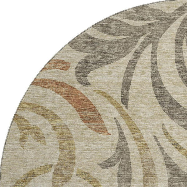 HomeRoots 8' Beige Gold and Brown Floral Round Rug - Washable, UV Protected, Durable Design for Any Space! 664089