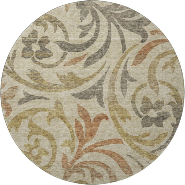 HomeRoots 8' Beige Gold and Brown Floral Round Rug - Washable, UV Protected, Durable Design for Any Space! 664089