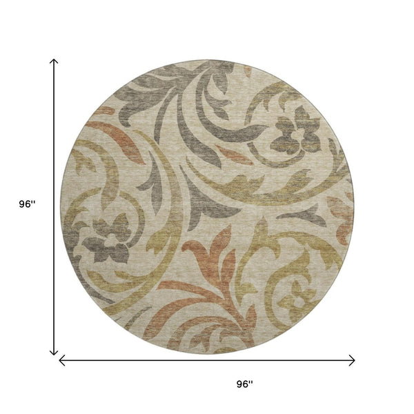 HomeRoots 8' Beige Gold and Brown Floral Round Rug - Washable, UV Protected, Durable Design for Any Space! 664089