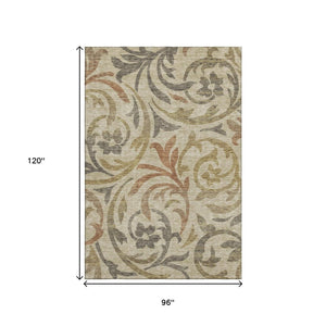 HomeRoots 8' X 10' Washable Floral Area Rug in Beige, Gold & Brown - UV Protected, Stain Resistant, Family-Friendly 664090