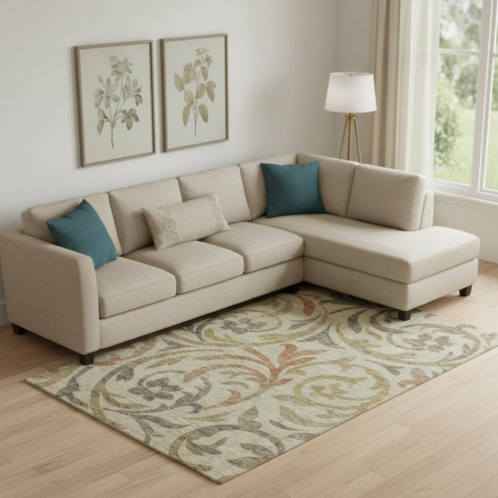 HomeRoots 8' X 10' Washable Floral Area Rug in Beige, Gold & Brown - UV Protected, Stain Resistant, Family-Friendly 664090