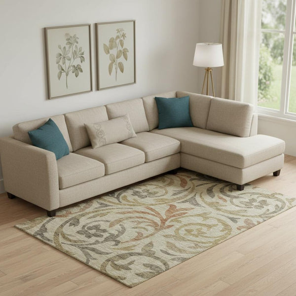 HomeRoots 8' X 10' Washable Floral Area Rug in Beige, Gold & Brown - UV Protected, Stain Resistant, Family-Friendly 664090